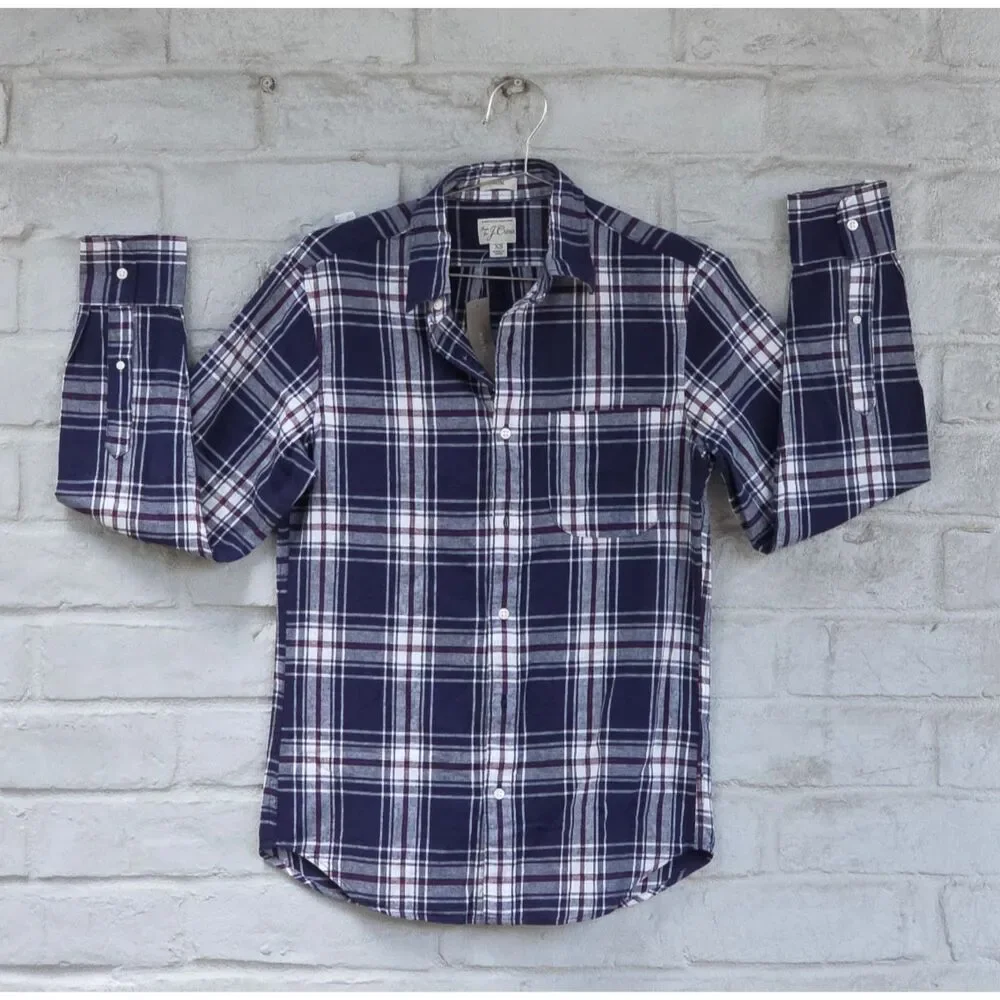 J.CREW Plaid Flannel Long Sleeve Button Down Shirt Navy Burgundy Size XS